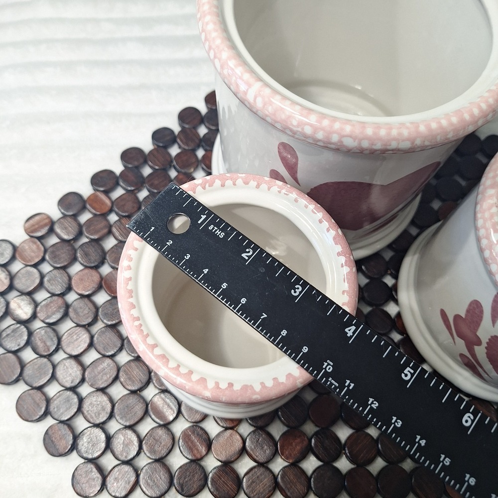 3 Pc Pink Heart Sponge Ware Ceramic Canisters Cottage Country Kitchen 90's - Picture 10 of 12